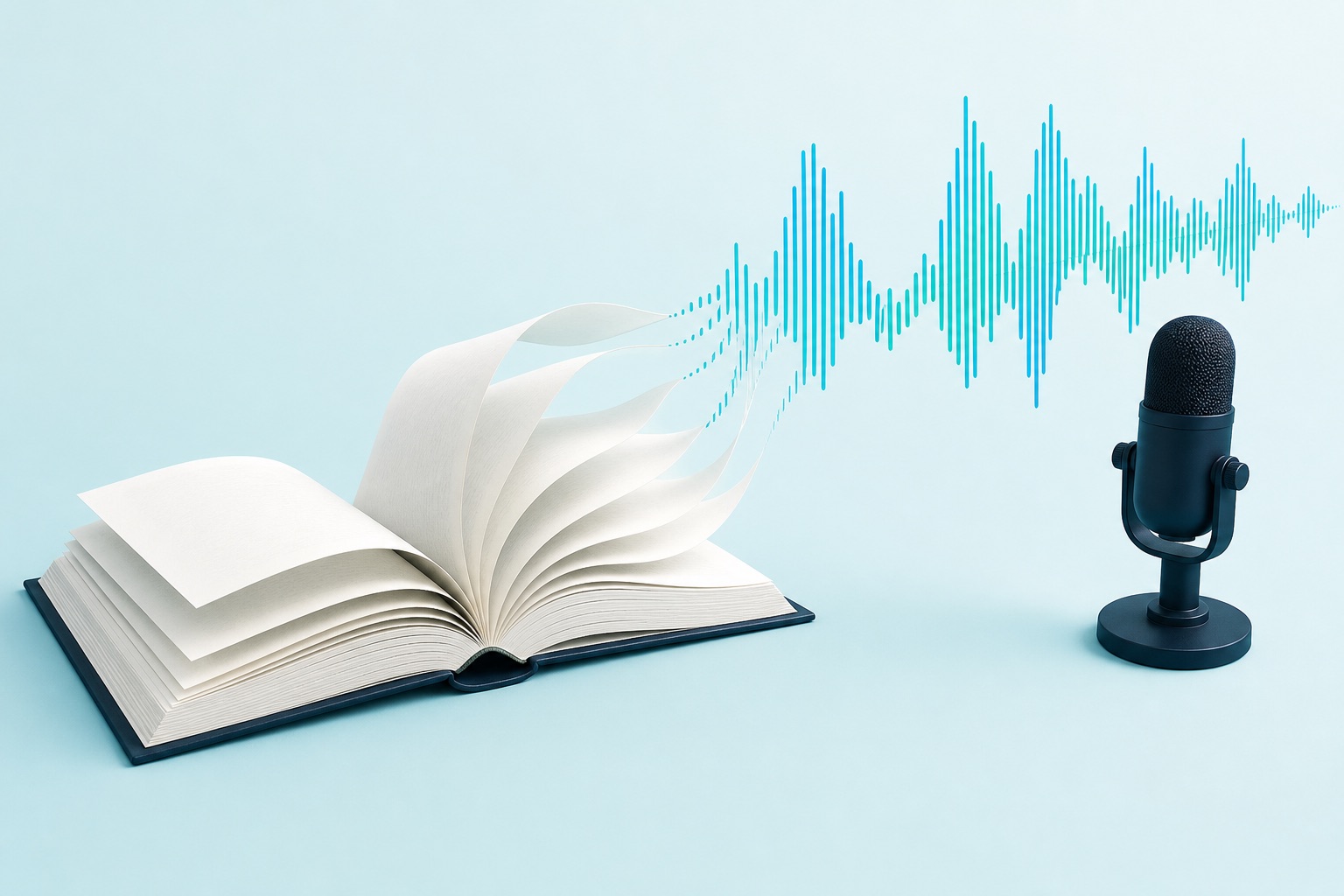 Otwarta książka przechodząca w falę dźwiękową i mikrofon — wizualizacja audiobooka