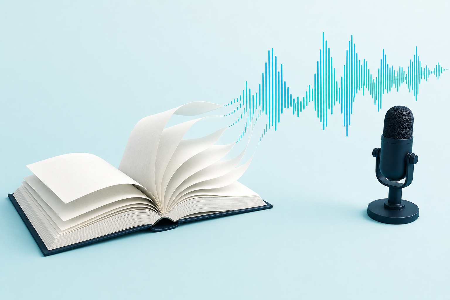 Otwarta książka przechodząca w falę dźwiękową i mikrofon — wizualizacja audiobooka