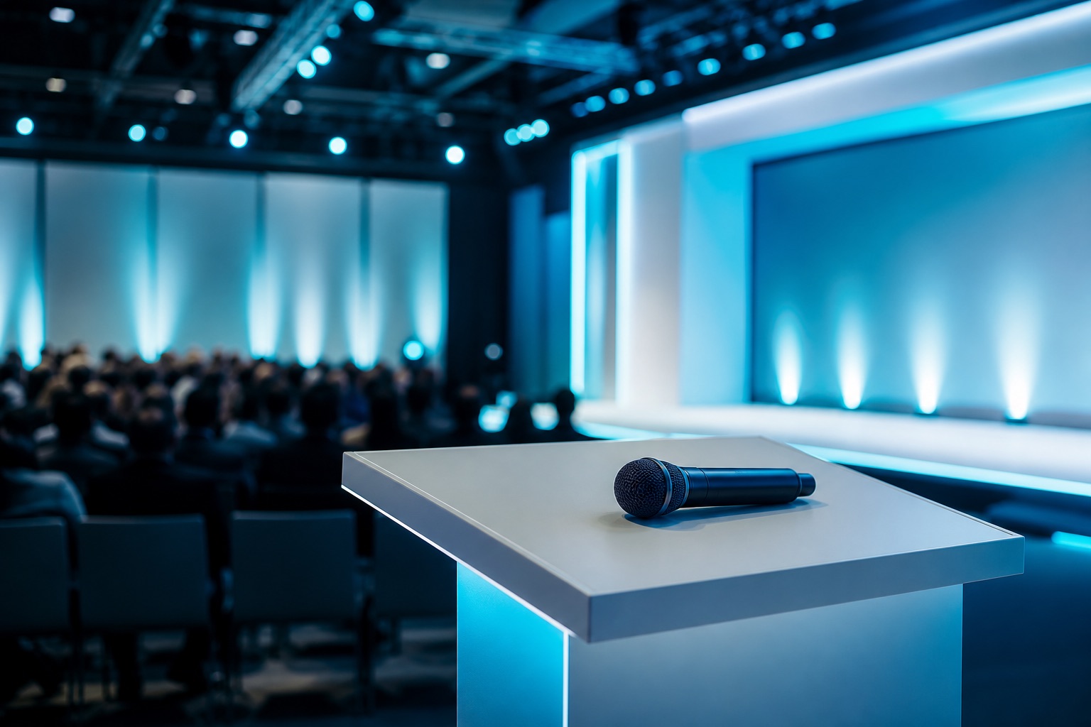 Mikrofon na scenie konferencyjnej przed rozpoczęciem wydarzenia
